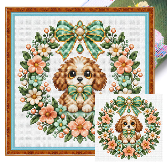Peach Dog Wreath - Full 14CT Stamped Cross Stitch 30x30CM - Huacan