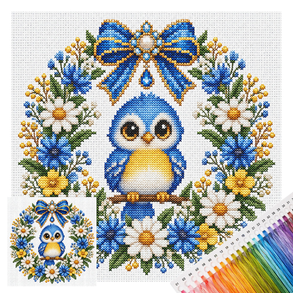 Blue Feather Owl Wreath - Full 14CT Stamped Cross Stitch 30x30CM - Huacan