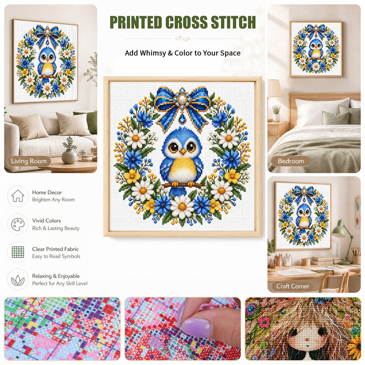 Blue Feather Owl Wreath - Full 14CT Stamped Cross Stitch 30x30CM - Huacan