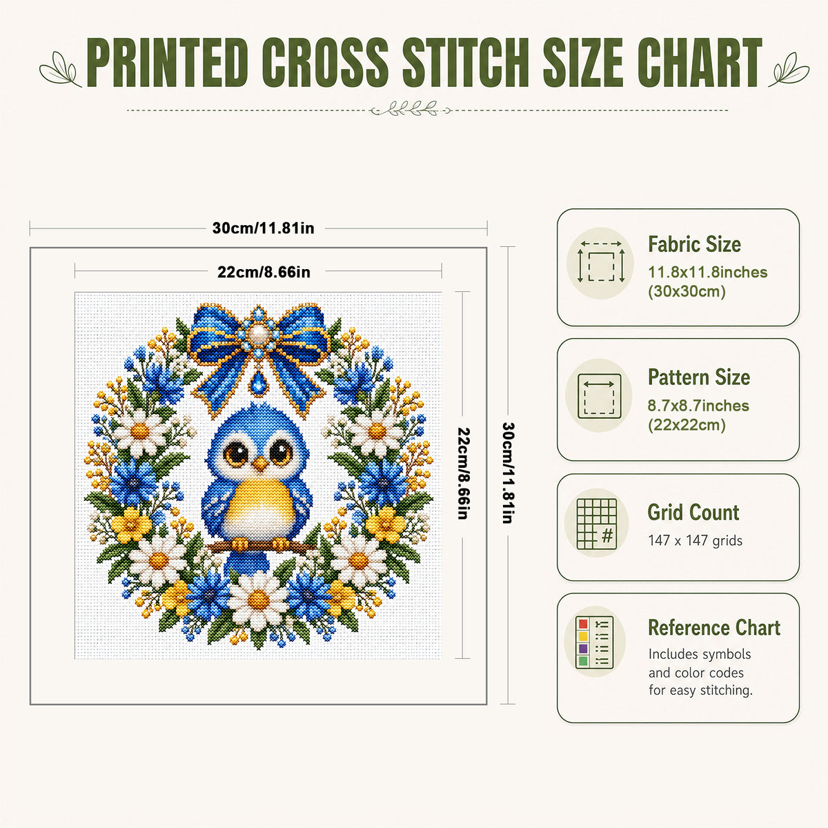 Blue Feather Owl Wreath - Full 14CT Stamped Cross Stitch 30x30CM - Huacan