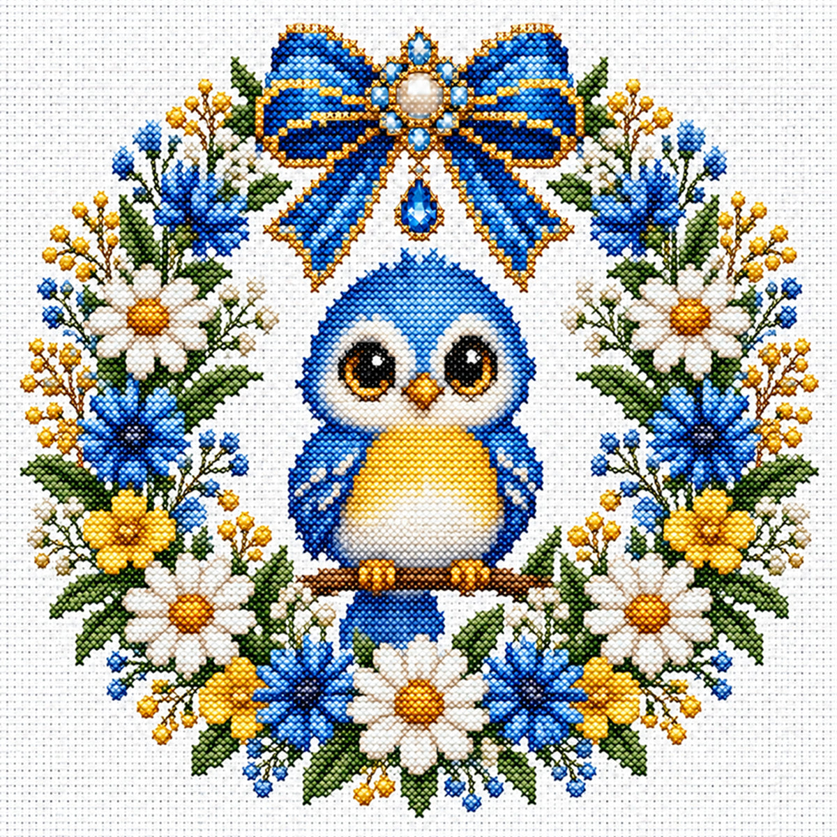 Blue Feather Owl Wreath - Full 14CT Stamped Cross Stitch 30x30CM - Huacan