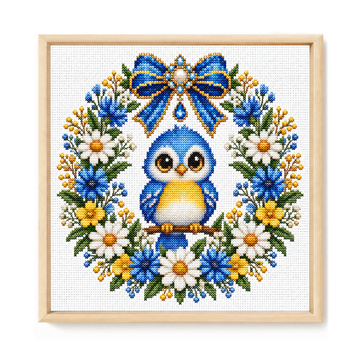 Blue Feather Owl Wreath - Full 14CT Stamped Cross Stitch 30x30CM - Huacan