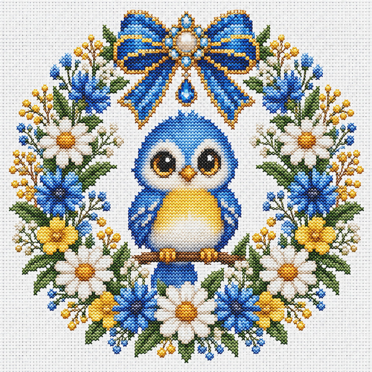 Blue Feather Owl Wreath - Full 14CT Stamped Cross Stitch 30x30CM - Huacan