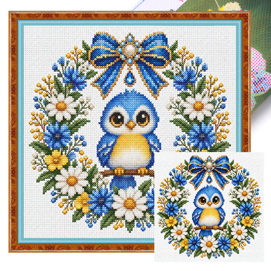 Blauer Feder-Eulen-Kranz – Vollständiges 14CT gestempeltes Kreuzstich-Set 30x30CM – Huacan