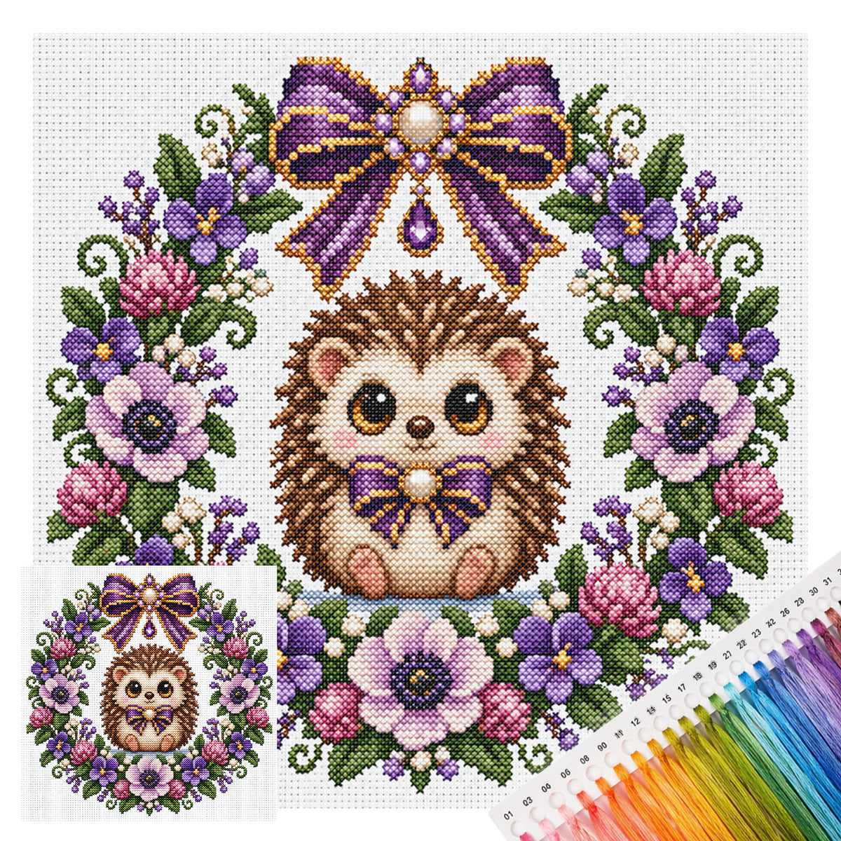 Violet Hedgehog Wreath - Full 14CT Stamped Cross Stitch 30x30CM - Huacan