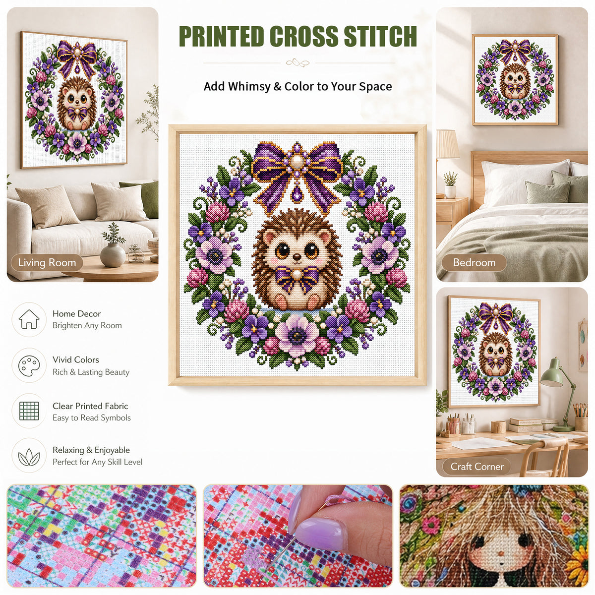 Violet Hedgehog Wreath - Full 14CT Stamped Cross Stitch 30x30CM - Huacan