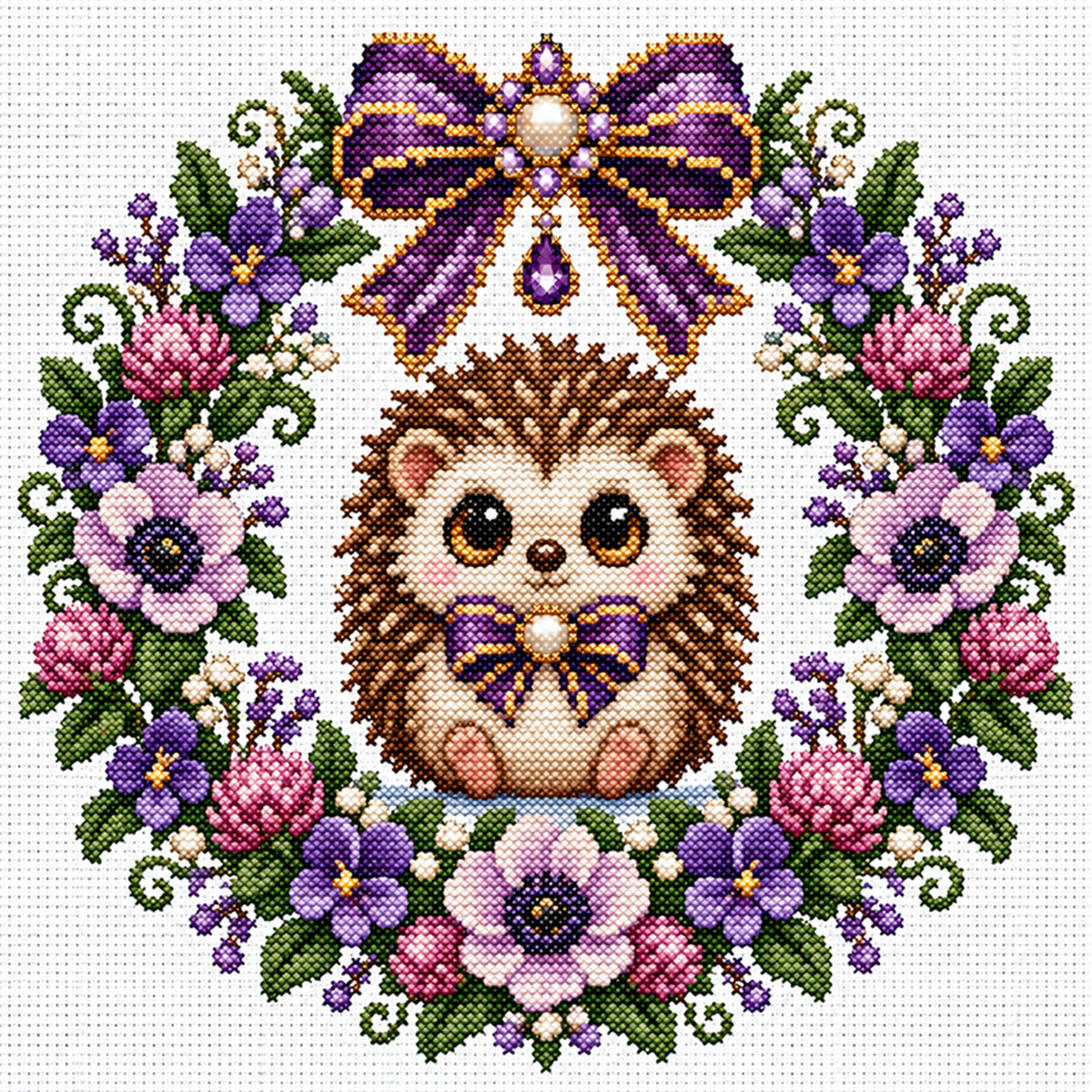 Violet Hedgehog Wreath - Full 14CT Stamped Cross Stitch 30x30CM - Huacan