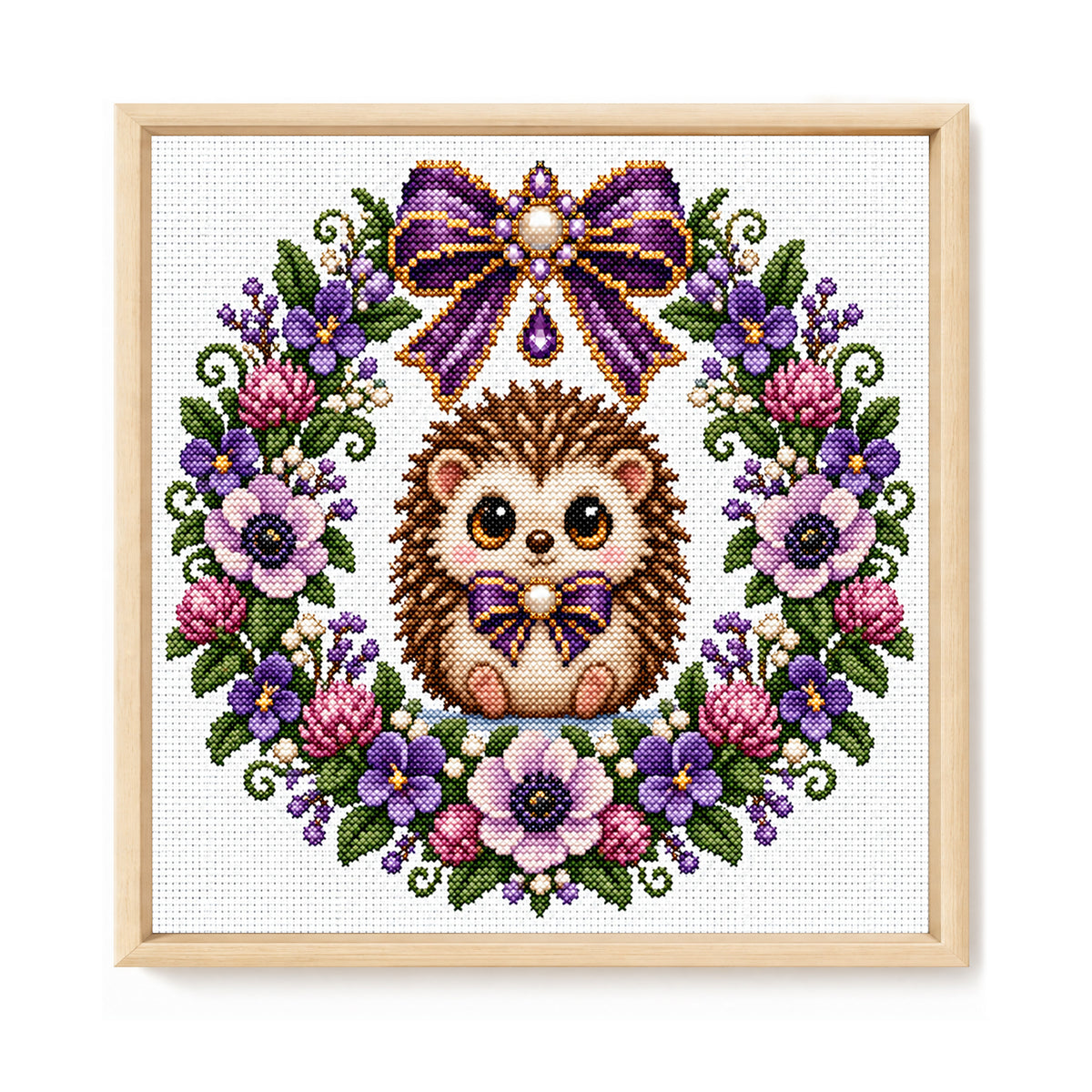 Violet Hedgehog Wreath - Full 14CT Stamped Cross Stitch 30x30CM - Huacan