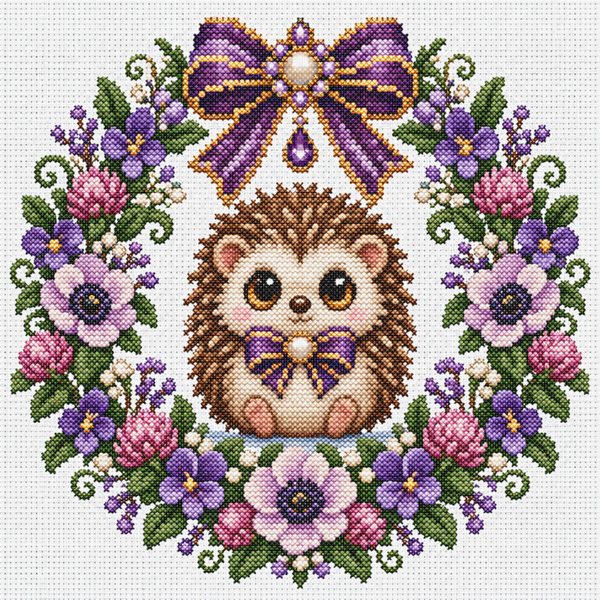 Violet Hedgehog Wreath - Full 14CT Stamped Cross Stitch 30x30CM - Huacan