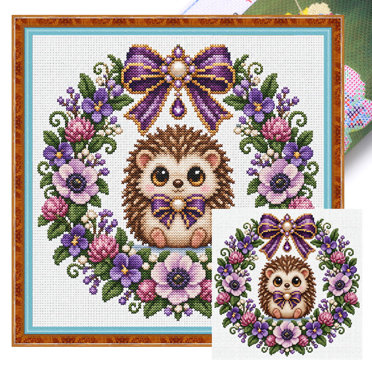 Violet Hedgehog Wreath - Full 14CT Stamped Cross Stitch 30x30CM - Huacan