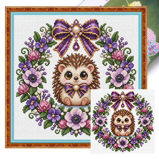 Violet Hedgehog Wreath - Full 14CT Stamped Cross Stitch 30x30CM - Huacan