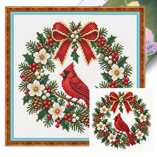 Roter Vogel Weihnachtskranz - Vollständiges 14CT gestempeltes Kreuzstich-Set 30x30CM - Huacan