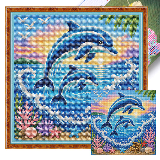 Dolphin-Meereslandschaft – Vollständiges 11CT Stempel-Kreuzstich-Set 45x45CM – Yishu