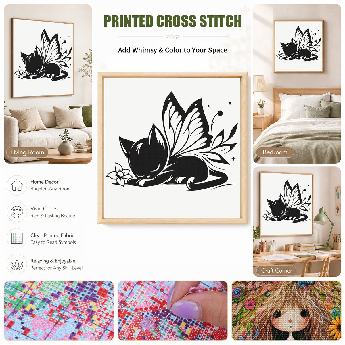 Line Art Black Cat - Full 11CT Stamped Cross Stitch 40x40CM - Huacan