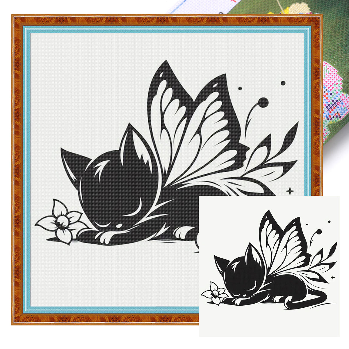 Line Art Black Cat - Full 11CT Stamped Cross Stitch 40x40CM - Huacan