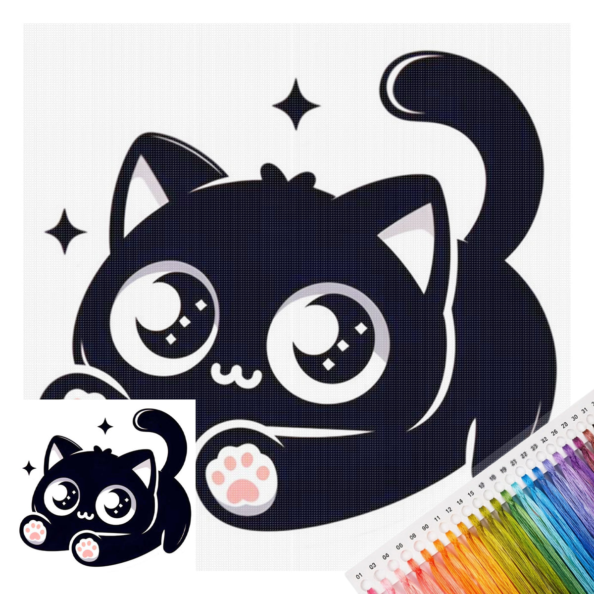 Chubby Sitting Black Cat - Full 11CT Stamped Cross Stitch 40x40CM - Huacan