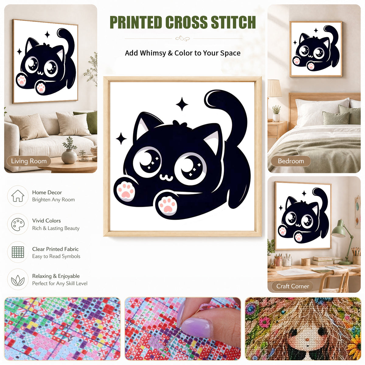 Chubby Sitting Black Cat - Full 11CT Stamped Cross Stitch 40x40CM - Huacan