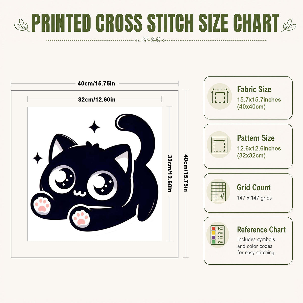 Chubby Sitting Black Cat - Full 11CT Stamped Cross Stitch 40x40CM - Huacan