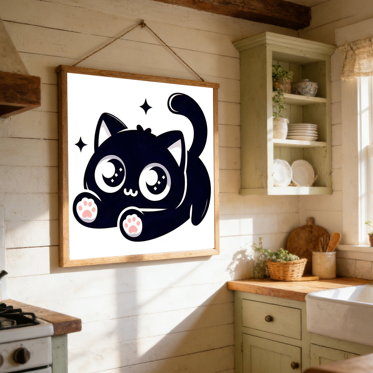 Chubby Sitting Black Cat - Full 11CT Stamped Cross Stitch 40x40CM - Huacan
