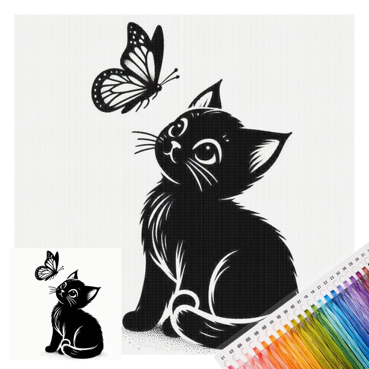 Black Cat Watching Butterfly - Full 11CT Stamped Cross Stitch 40x40CM - Huacan