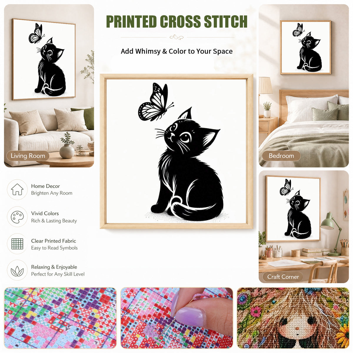 Black Cat Watching Butterfly - Full 11CT Stamped Cross Stitch 40x40CM - Huacan