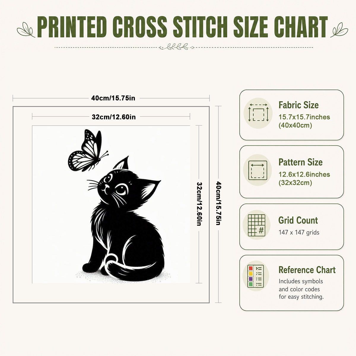 Black Cat Watching Butterfly - Full 11CT Stamped Cross Stitch 40x40CM - Huacan
