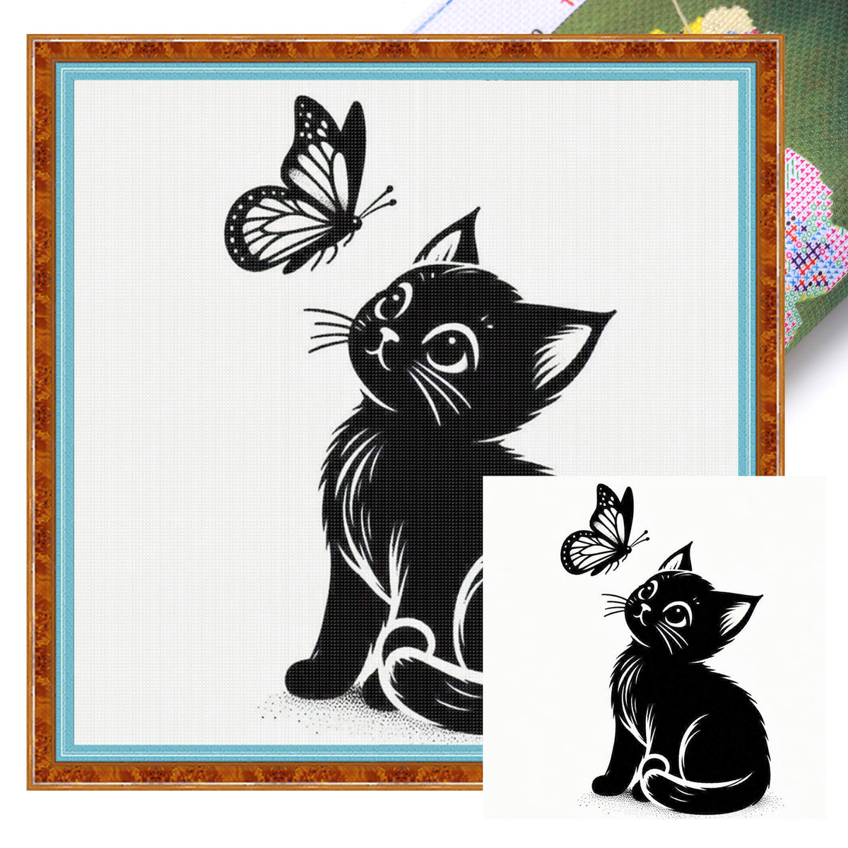 Black Cat Watching Butterfly - Full 11CT Stamped Cross Stitch 40x40CM - Huacan
