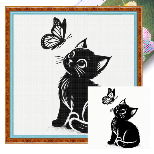 Schwarze Katze beobachtet Schmetterling – Vollständiges 11CT-Stempel-Kreuzstich-Set 40x40CM – Huacan
