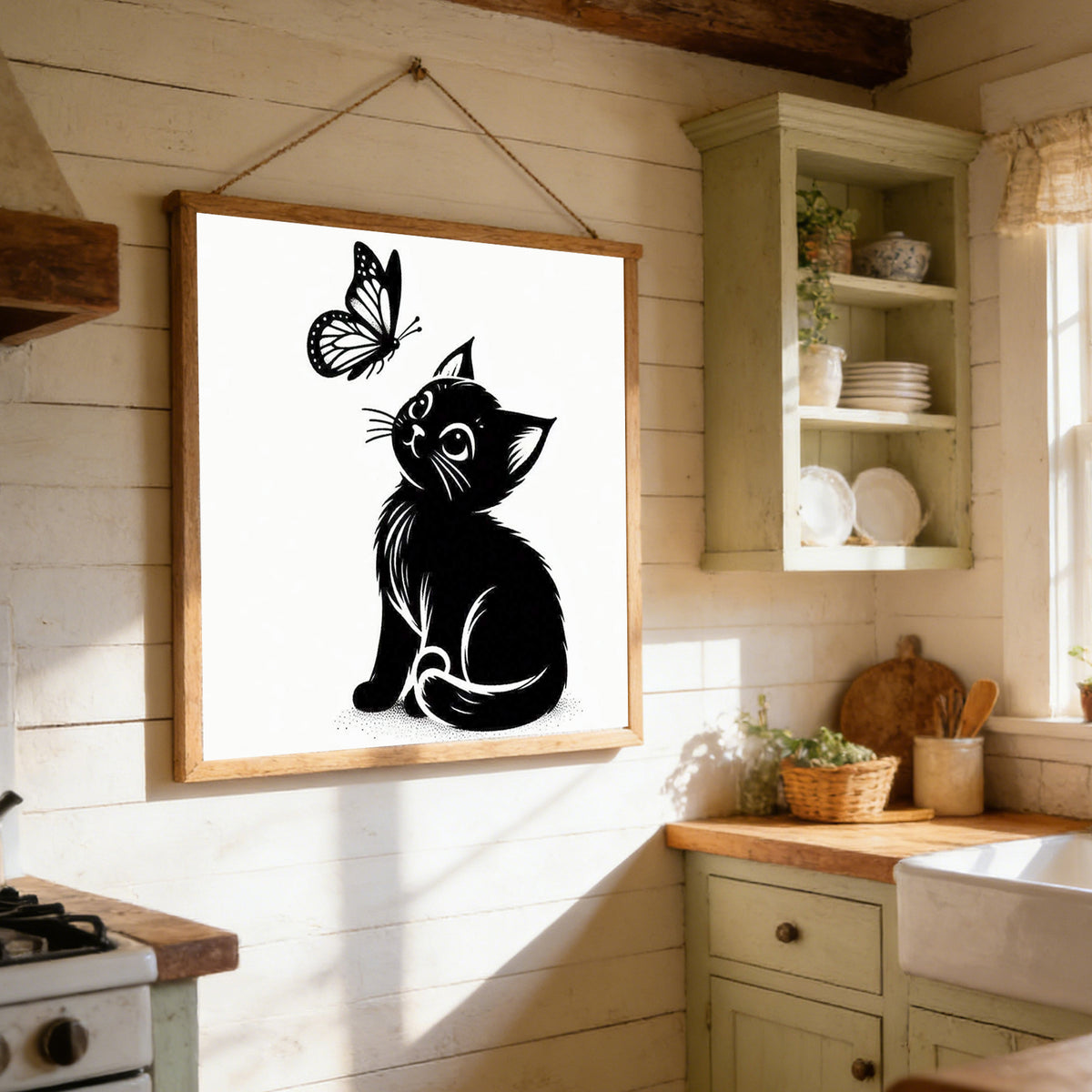 Black Cat Watching Butterfly - Full 11CT Stamped Cross Stitch 40x40CM - Huacan