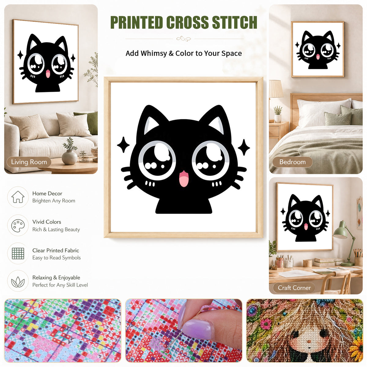 Glitzernde große Augen schwarze Katze - Vollständiges 11CT Stempel-Kreuzstich-Set 40x40CM - Huacan
