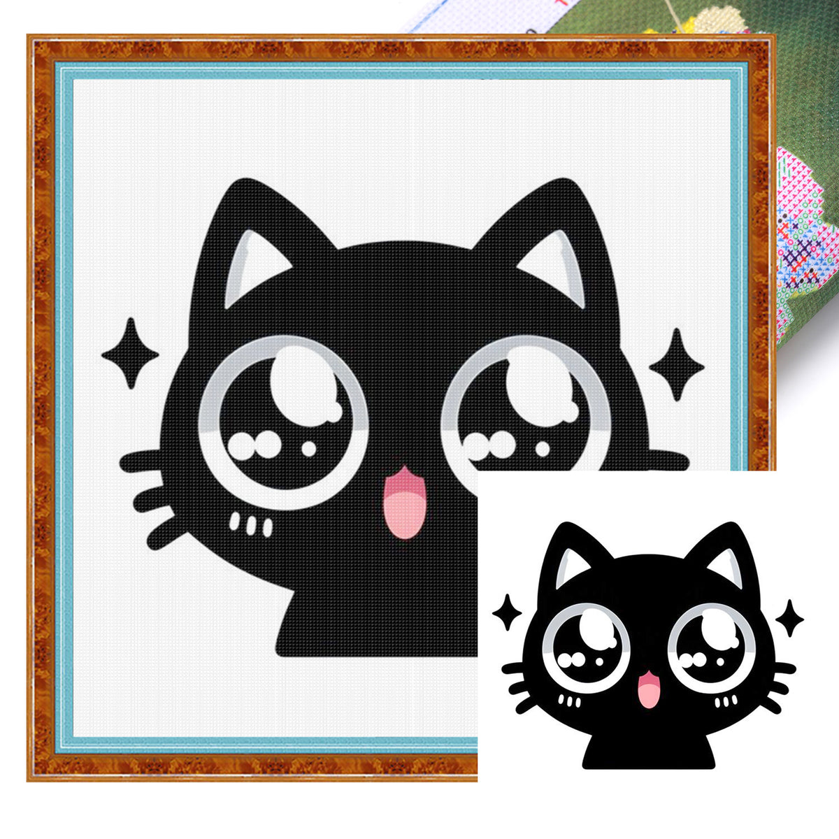 Glitzernde große Augen schwarze Katze - Vollständiges 11CT Stempel-Kreuzstich-Set 40x40CM - Huacan
