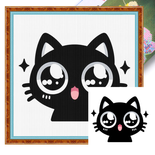 Glitzernde große Augen schwarze Katze - Vollständiges 11CT Stempel-Kreuzstich-Set 40x40CM - Huacan