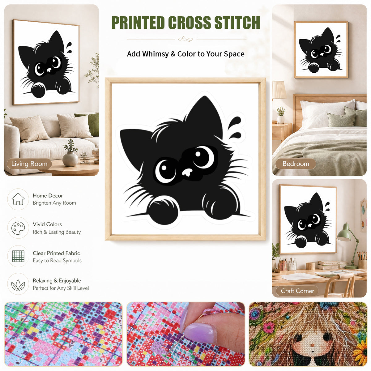 Head Tilt Winking Black Cat - Full 11CT Stamped Cross Stitch 40x40CM - Huacan