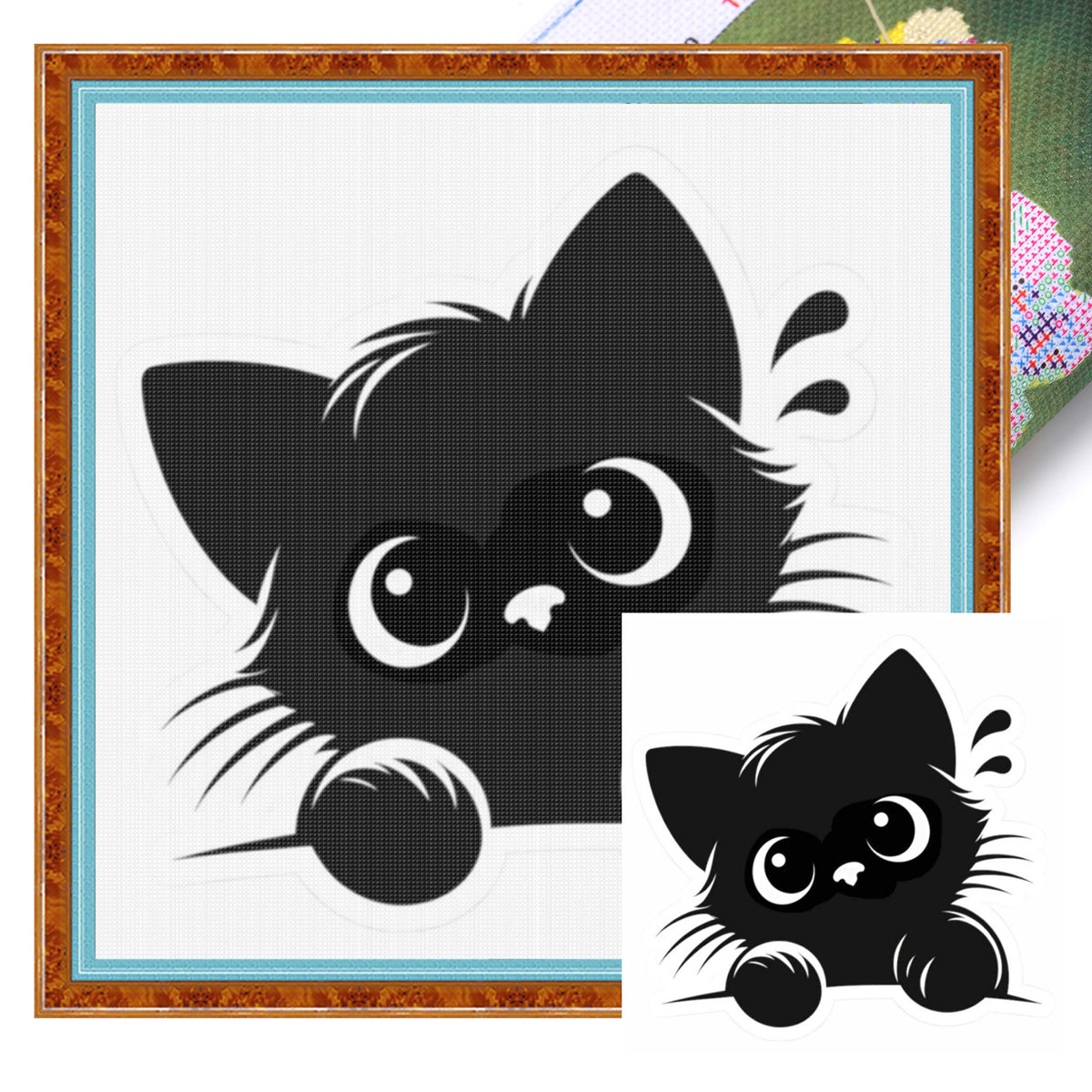 Head Tilt Winking Black Cat - Full 11CT Stamped Cross Stitch 40x40CM - Huacan
