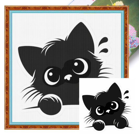 Schwarze Katze mit Kopfneigung und Zwinkern – Vollständiges 11CT gestempeltes Kreuzstich-Set 40x40CM – Huacan