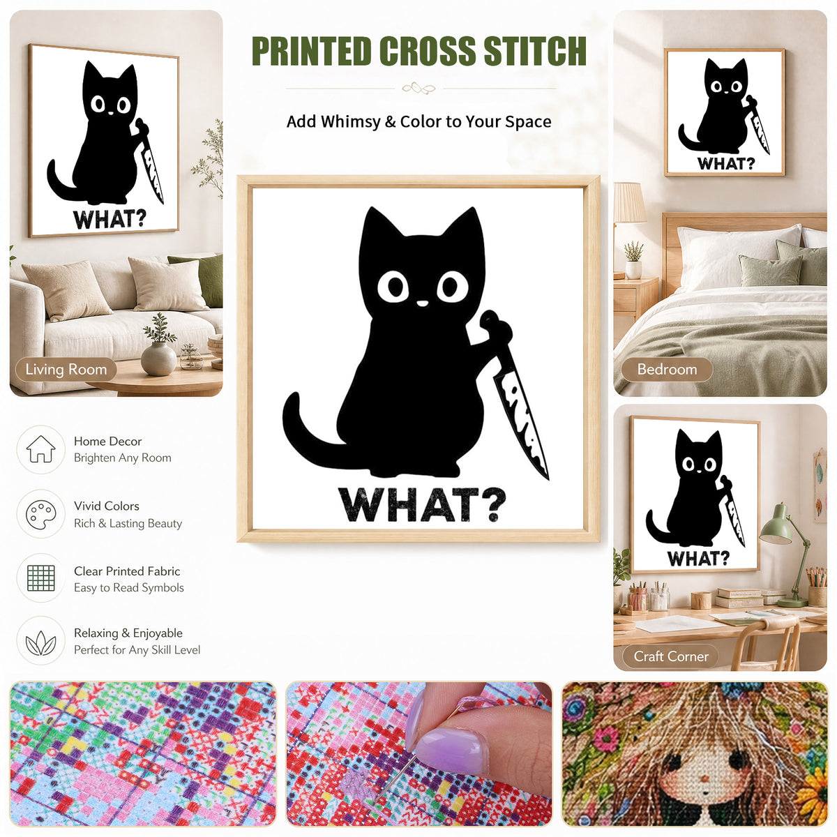Holding Sign “What?” - Full 11CT Stamped Cross Stitch 40x40CM - Huacan