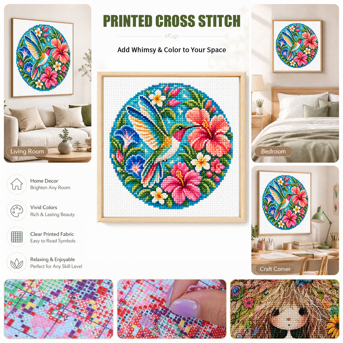 Floral Hummingbird - Full Stamped Cross Stitch 20x20CM - Huacan