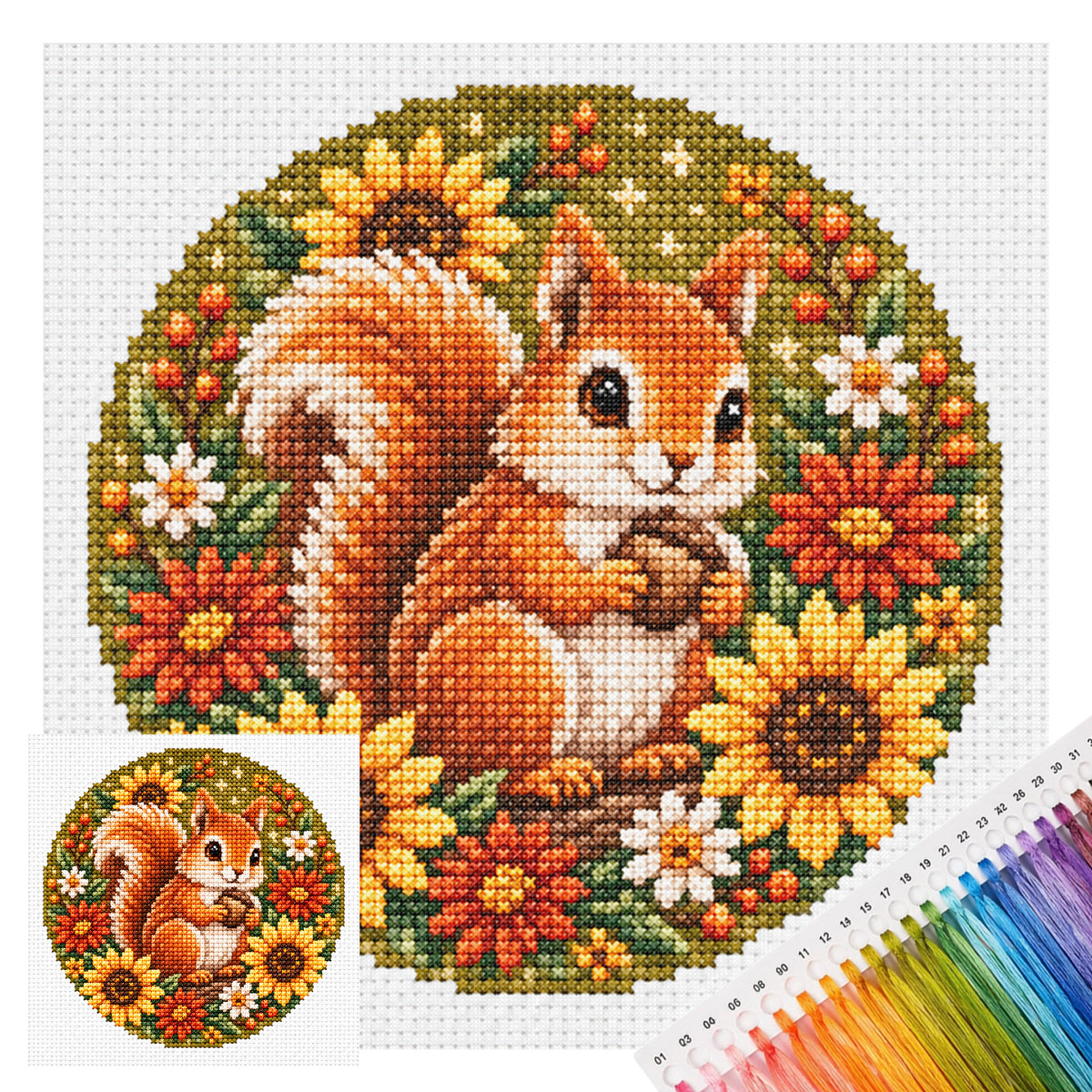 Sonniges Eichhörnchen - Vollständiges gestempeltes Kreuzstichset 20x20 cm - Huacan