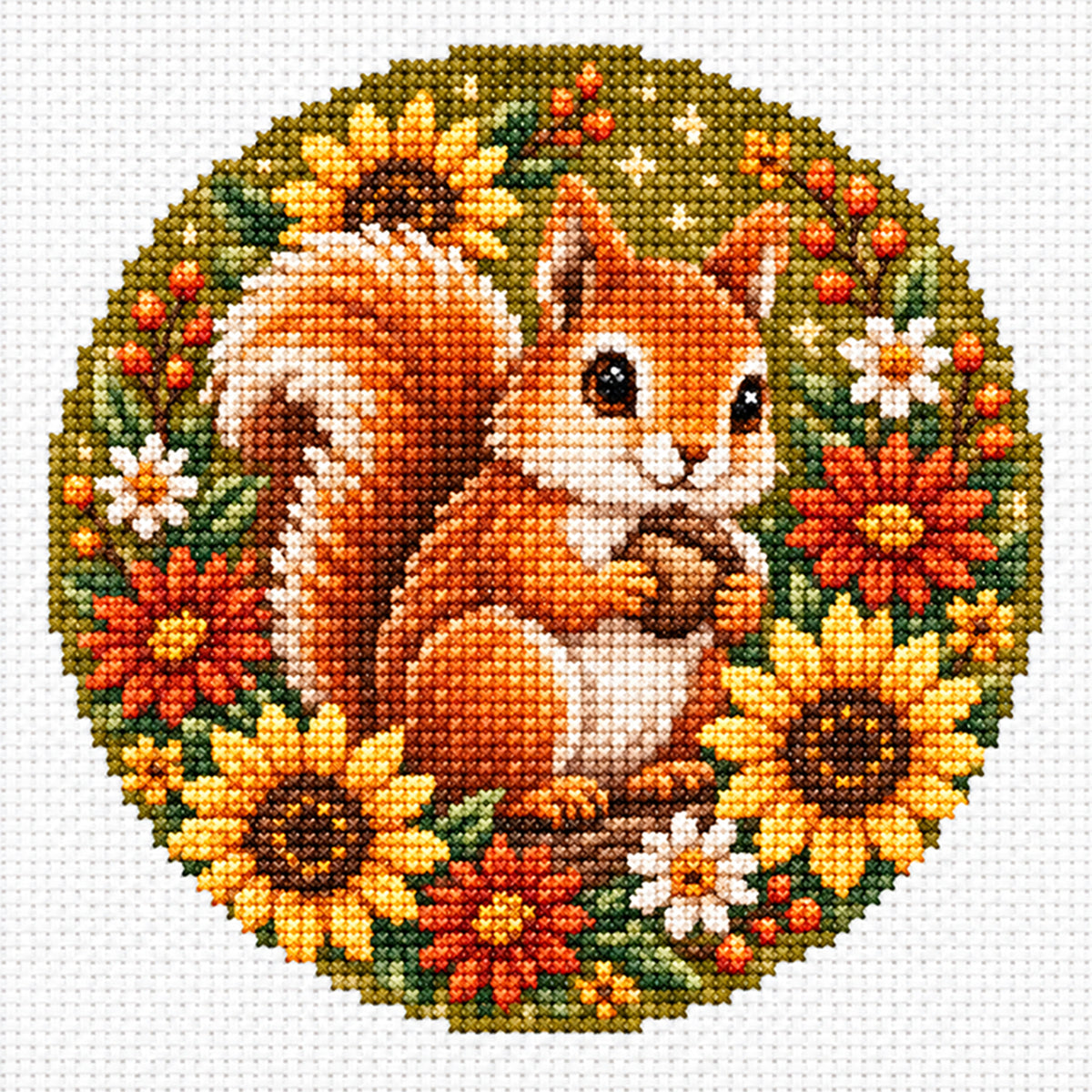 Sonniges Eichhörnchen - Vollständiges gestempeltes Kreuzstichset 20x20 cm - Huacan