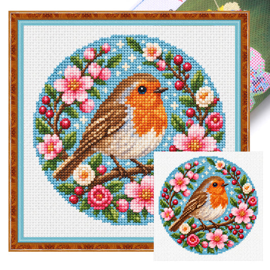 Blossom Robin-Bird – Vollständiges Stempel-Kreuzstich-Set 20x20 cm – Huacan