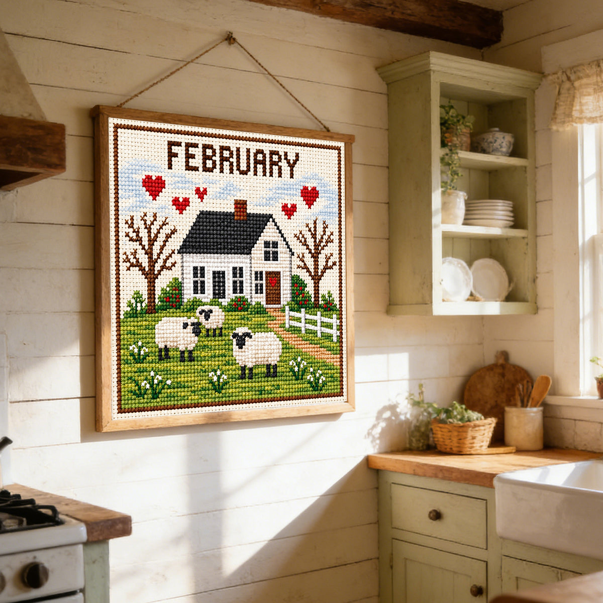 February Farm Snow Scene - Full 14CT Stamped Cross Stitch 40x40CM - Huacan