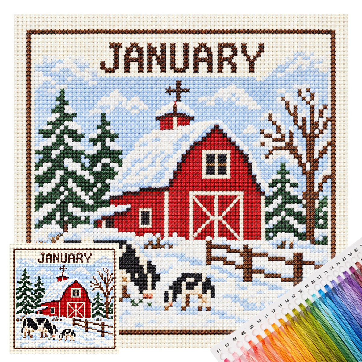 January Country Cottage - Full 14CT Stamped Cross Stitch 40x40CM - Huacan