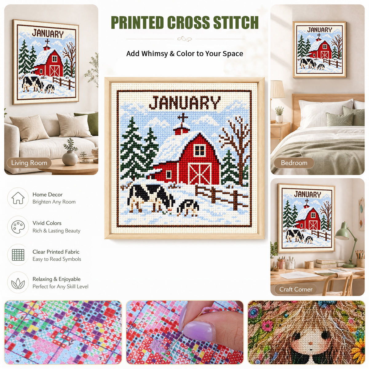 January Country Cottage - Full 14CT Stamped Cross Stitch 40x40CM - Huacan