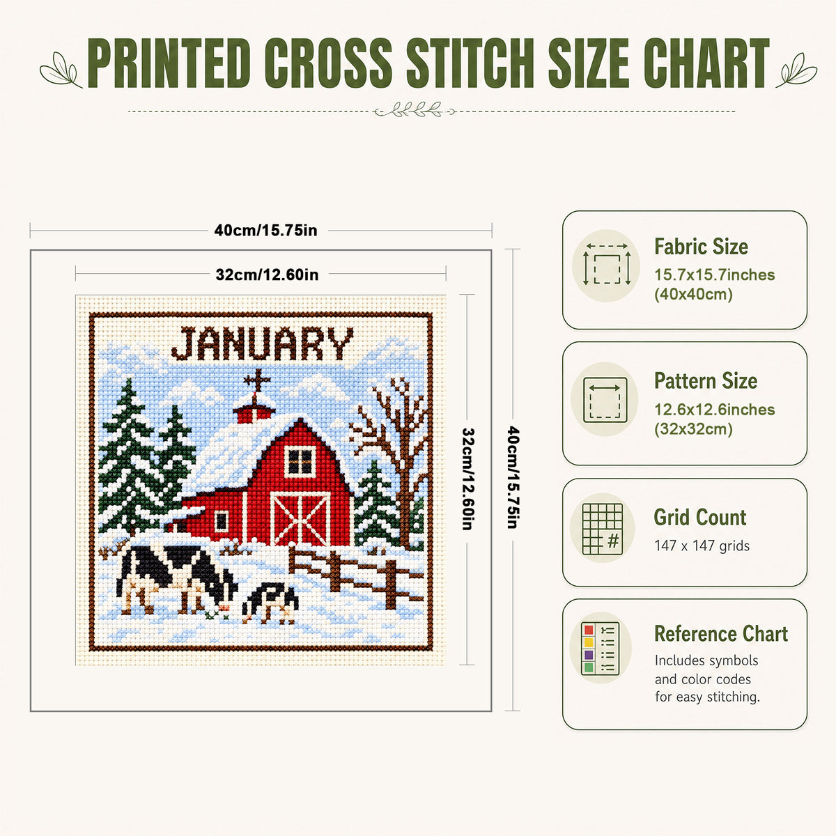 January Country Cottage - Full 14CT Stamped Cross Stitch 40x40CM - Huacan