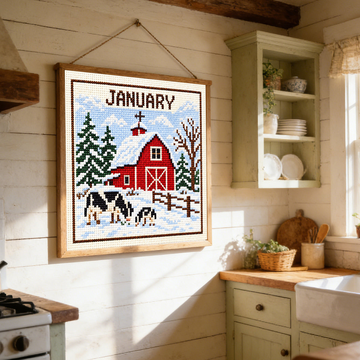 January Country Cottage - Full 14CT Stamped Cross Stitch 40x40CM - Huacan