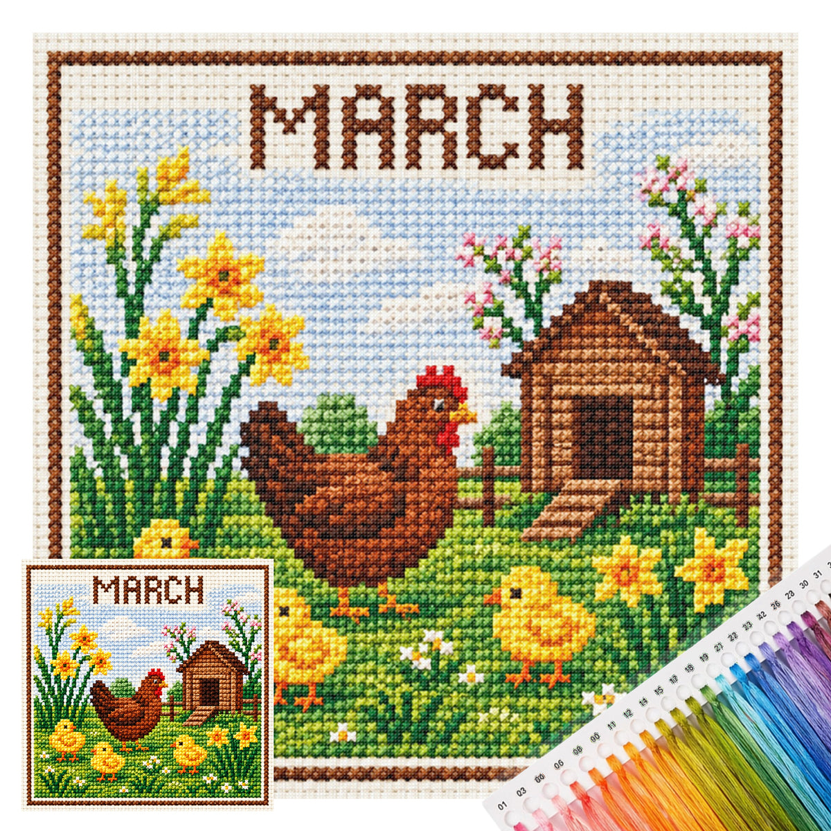 March Spring Chicks - Full 14CT Stamped Cross Stitch 40x40CM - Huacan