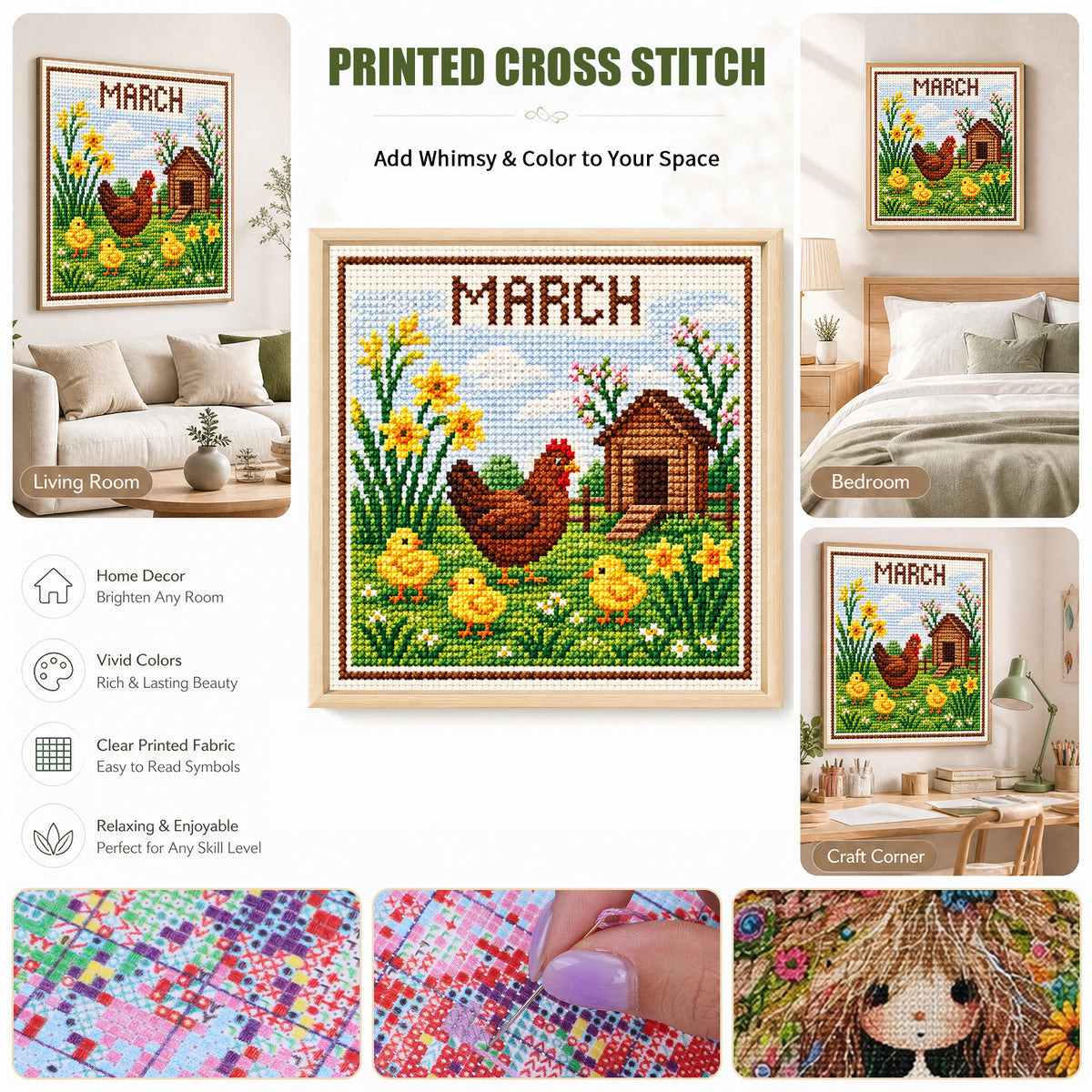 March Spring Chicks - Full 14CT Stamped Cross Stitch 40x40CM - Huacan