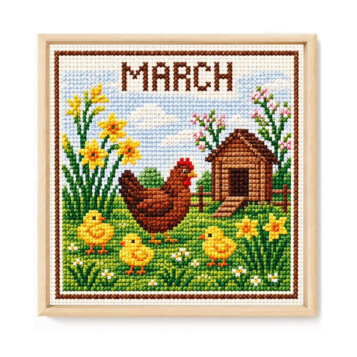 March Spring Chicks - Full 14CT Stamped Cross Stitch 40x40CM - Huacan