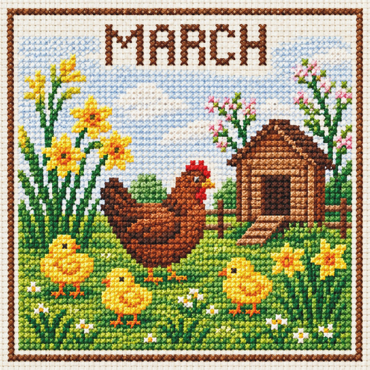 March Spring Chicks - Full 14CT Stamped Cross Stitch 40x40CM - Huacan