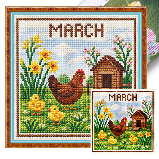 März-Frühlingsküken - Vollständiges 14CT gestempeltes Kreuzstich-Set 40x40CM - Huacan